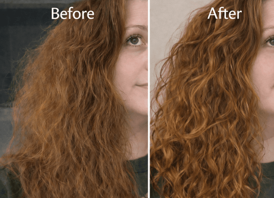 Before and after comparison showing wavy hair enhanced with Bare Wave Hair Oil Sulek Spa Company