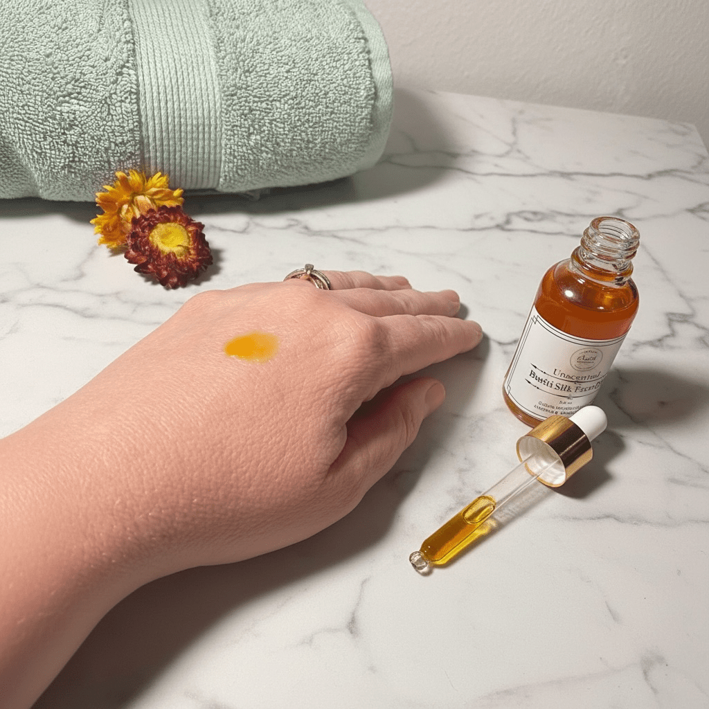 Buriti Silk Facial Oil texture shown on hand, a lightweight fast-absorbing facial oil with buriti oil Sulek Spa Company
